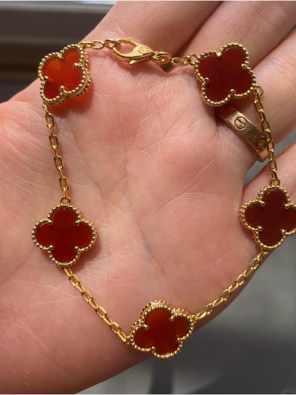 18k Yellow Gold Plated 15mm Red Carnelian Clover Bracelet